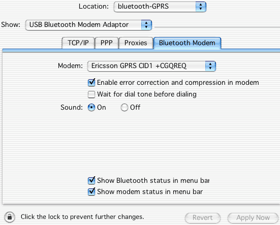 Network Preferences.  Bluetooth Modem